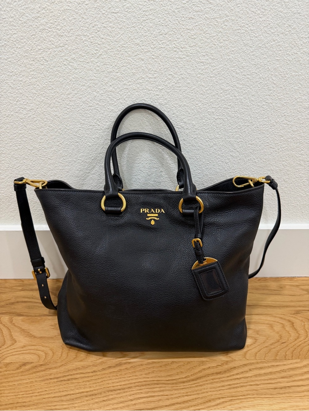 Prada Black Leather Tote with Gold Hardware and Detachable Strap